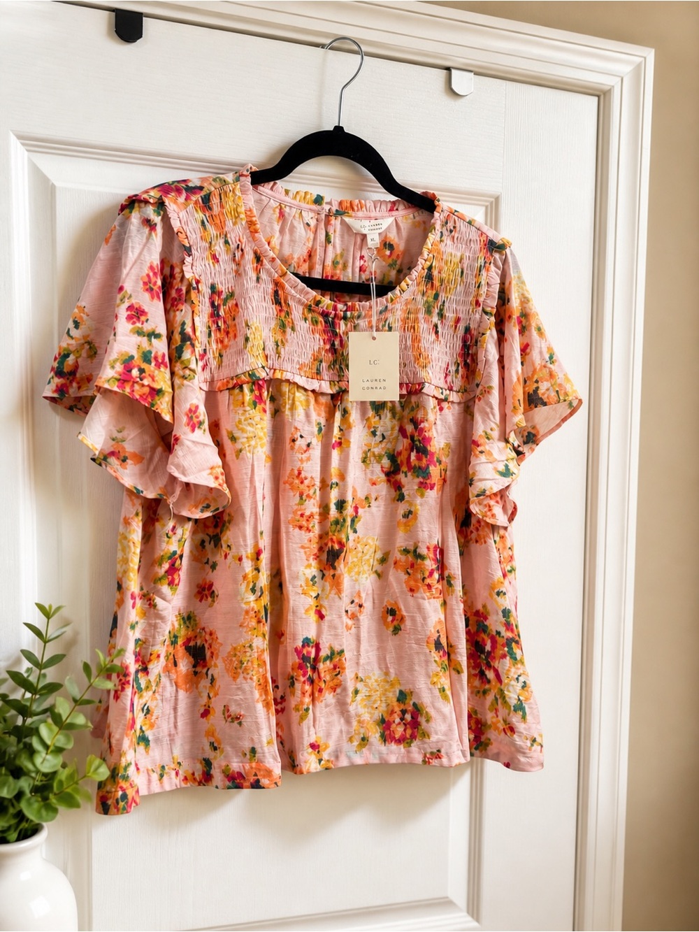 LC Lauren Conrad Pink Floral Smocked Flutter Sleeve Blouse